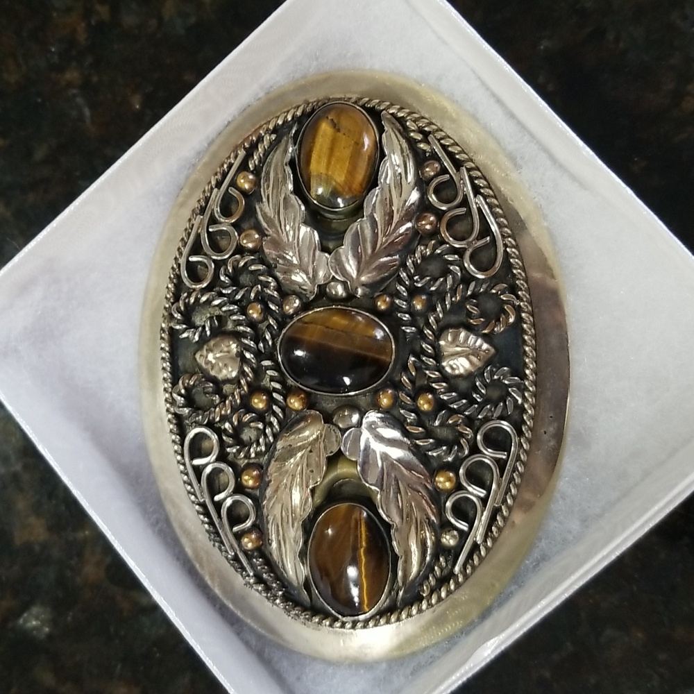 Vintage Alpaca Mexico Silvertone Belt Buckle With 3 Oval Tigers Eye Stones